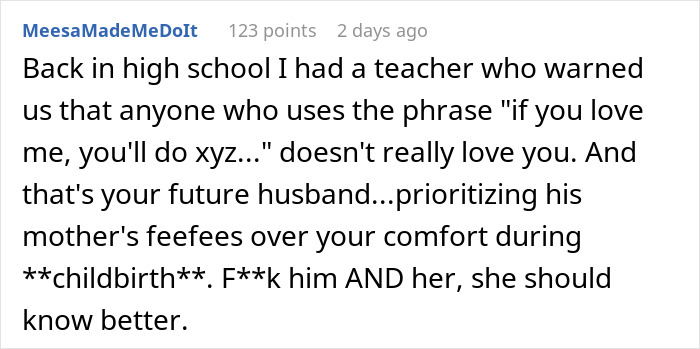 Comment discussing a pregnant woman who doesn&rsquo;t want fianc&eacute;&rsquo;s mom in delivery room and asks for compromise.