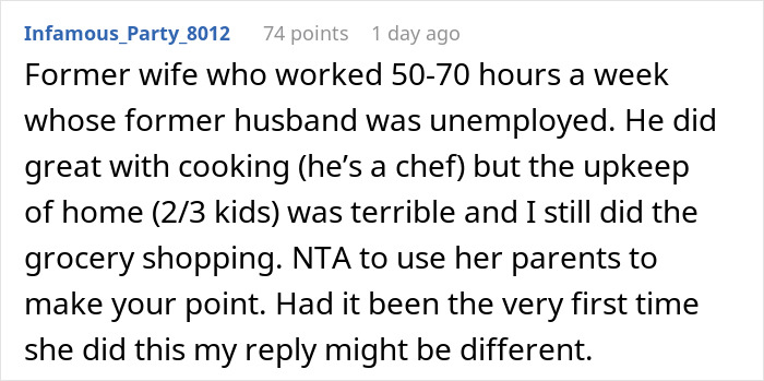Comment from a user about a wife furious after husband embarrasses her in front of her parents.