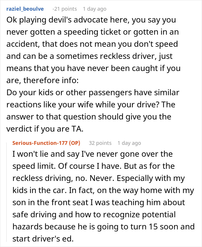 Text conversation about reckless driving and passengers' anxiety reactions, highlighting husband banning wife from front seat after meltdown risk.