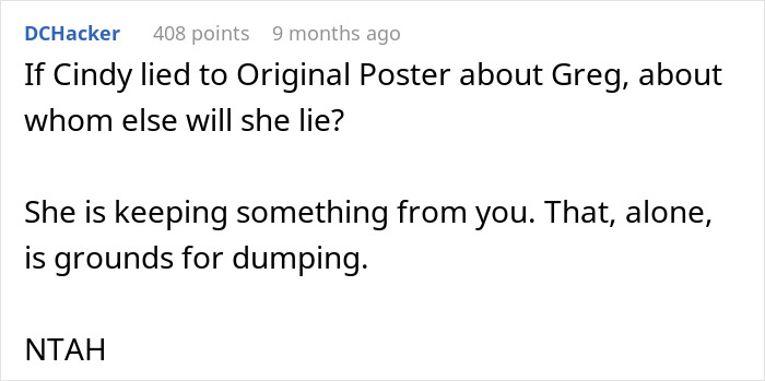 Text comment discussing trust issues and dumping related to a male bestie making a move and girlfriend calling boyfriend for rescue.