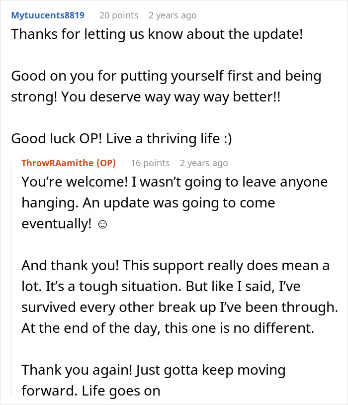 Screenshot of supportive online conversation about coping with a lying boyfriend who went on a trip with a female friend.