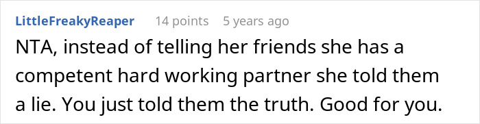 Reddit comment screenshot supporting guy embarrasses wife for refusing to go along with her lie