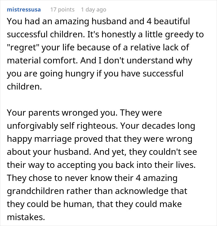 Alt text: Reddit comment discussing a woman disowned for marrying a mechanic while her rich siblings thrive at 55.