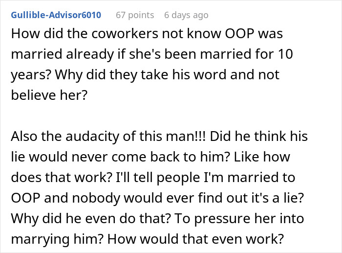 Text comment discussing a married lady shocked by coworker falsely claiming she's hitched to a second husband at work.