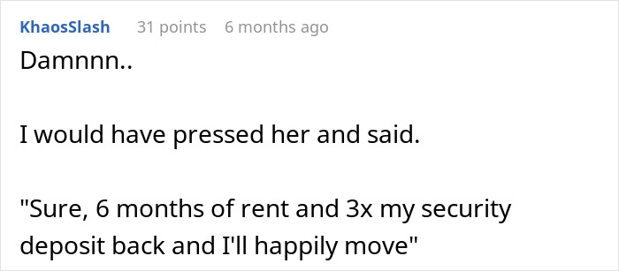 Alt text: Screenshot of a Reddit comment discussing tenant rights and rent security deposit in a family tenant dispute.