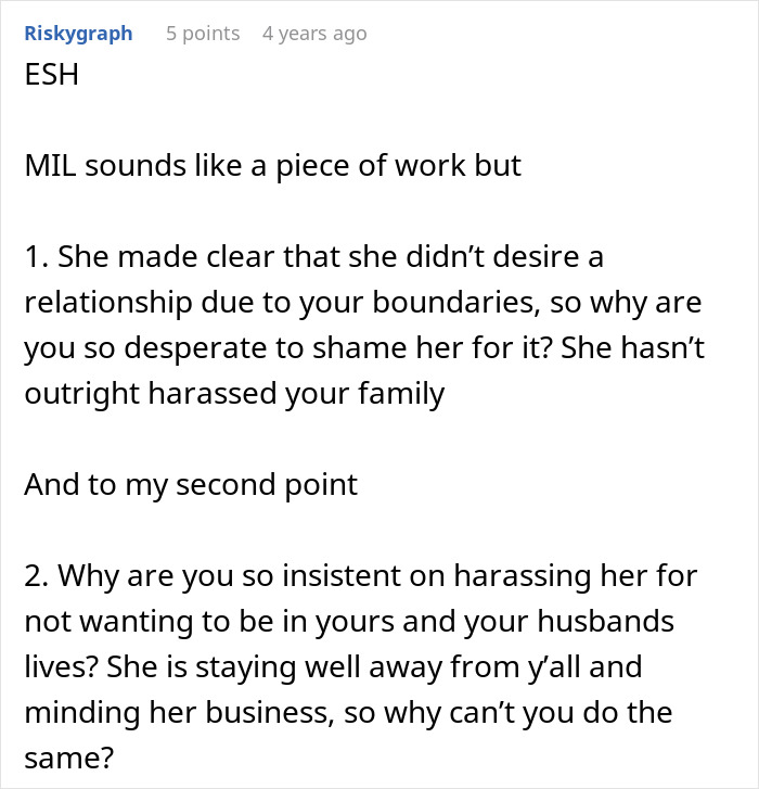 Comment discussing how lying MIL contributes to ruining family relationships by causing harassment and boundary issues.