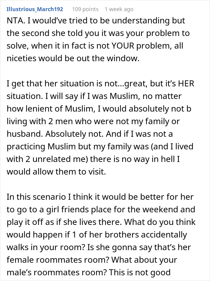 Comment discussing a guy refusing to pay for a hotel to help his roommate lie to her conservative family.