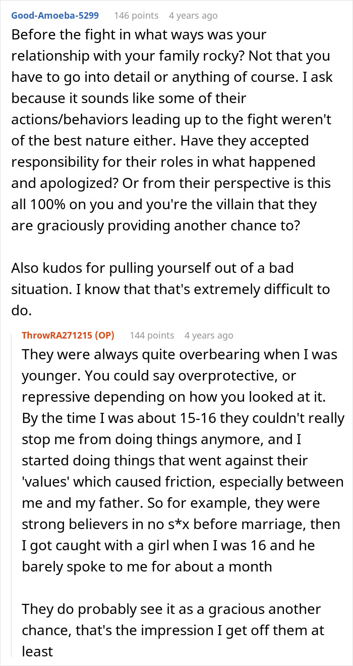 Reddit conversation discussing family dynamics and forgiveness after a man beat his brother five years ago.