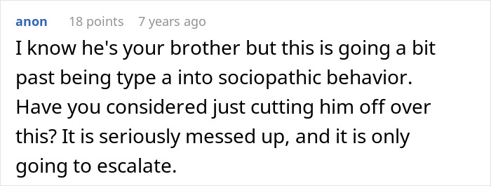 Comment discussing brother's stalker tendencies and the impact on woman's college, job, and mental health.