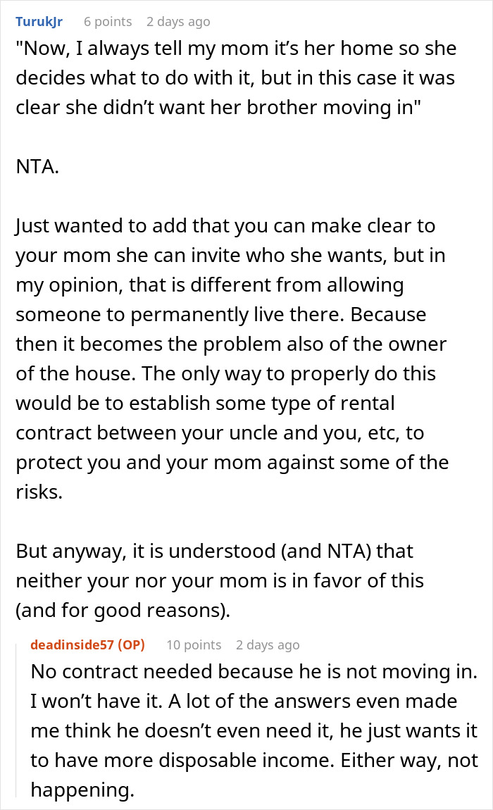 Reddit user explains why entitled uncle expecting niece as retirement plan is unreasonable and proposes rental contract to protect family.