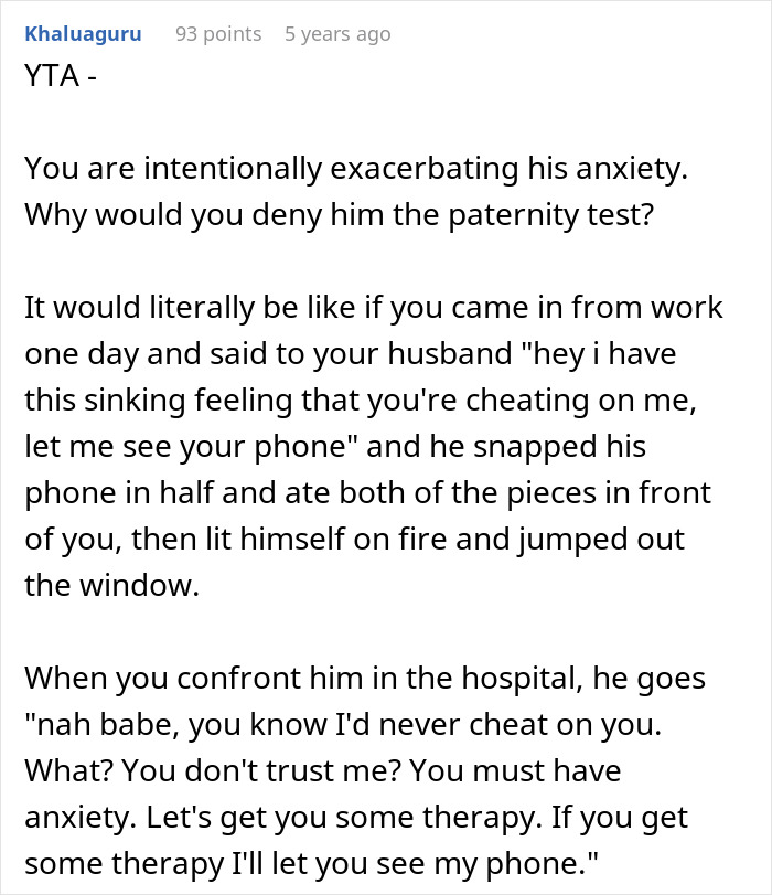 Comment discussing a man demanding a paternity test for his 3-year-old son and his anxiety over his wife’s therapy suggestion.