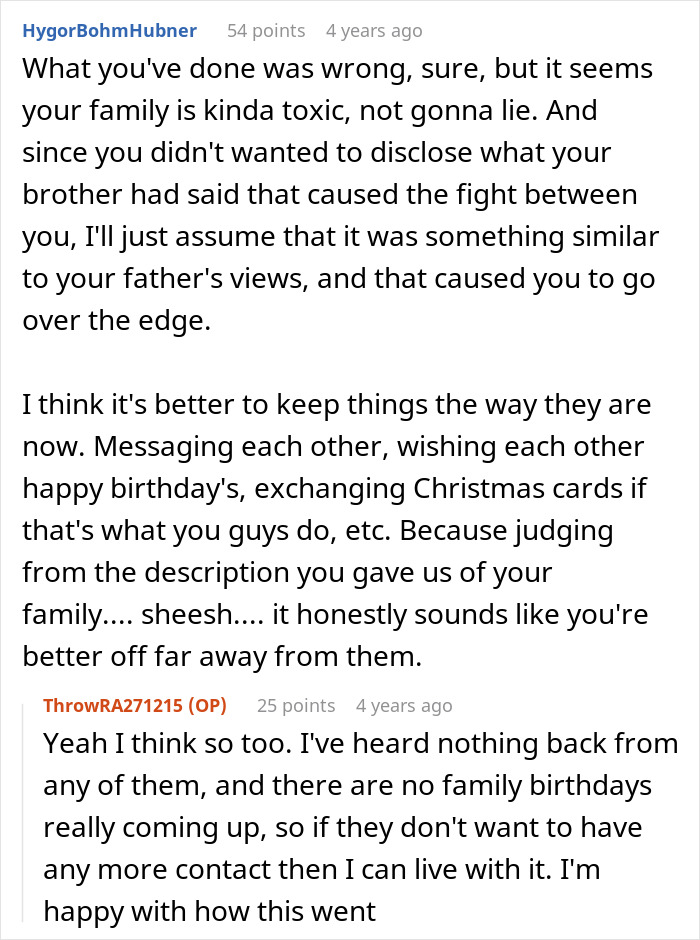 Online comment discussing a family&rsquo;s toxic dynamics and forgiveness after a past brother beating incident.