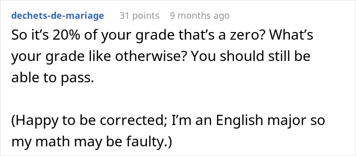 Comment discussing concerns over a professor&rsquo;s phone rule affecting student grades and risk of failing class.