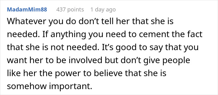 Comment on a forum about a mother-in-law throwing a tantrum over an inappropriate baby shower idea being rejected.
