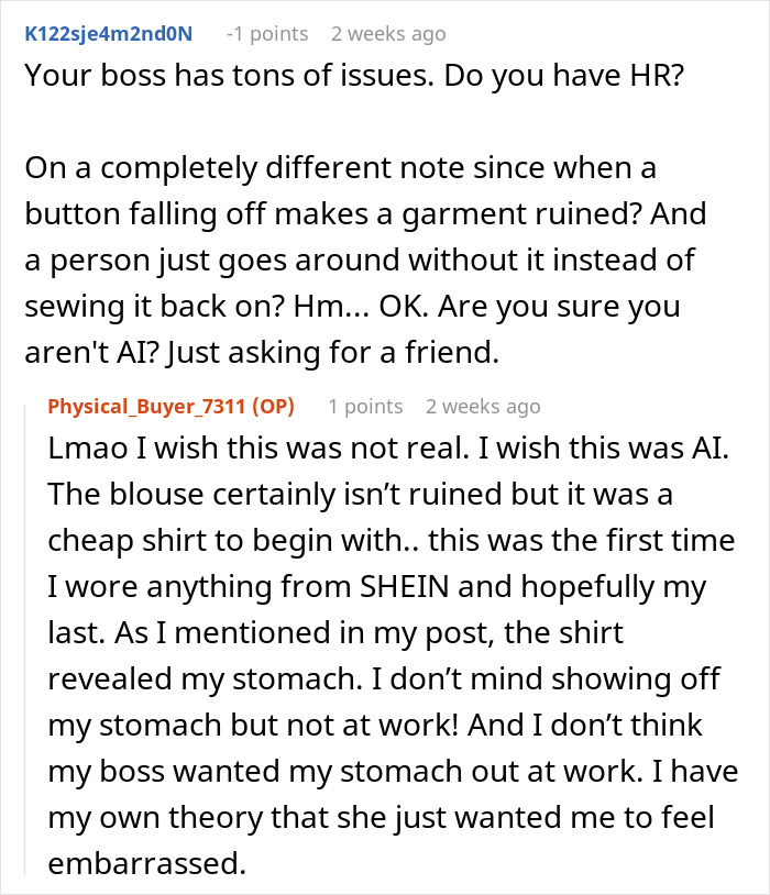 Online conversation about a bullied employee nitpicked daily by boss, discussing workplace issues and clothing concerns. Online conversation about a bullied employee nitpicked daily by boss, discussing workplace issues and clothing concerns.