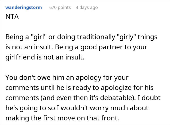 Comment on Reddit thread about a bald and divorced man shaming nephew for long hair and cooking for girlfriend.