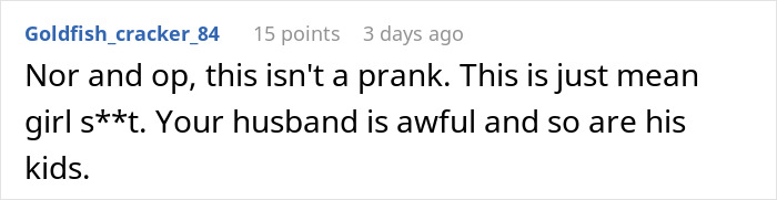 Comment on a post about stepdaughters&rsquo; gift pushing woman to her limits, discussing husband and kids negatively.