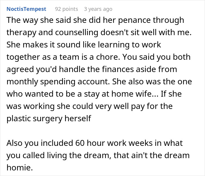 Reddit comment discussing wife’s cosmetic upgrade, infidelity, and husband’s financial and emotional struggles. Reddit comment discussing wife’s cosmetic upgrade, infidelity, and husband’s financial and emotional struggles.