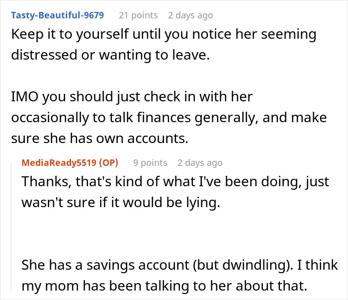 Online discussion about a woman worried about her tradwife sister and secretly starting a fund to help her.