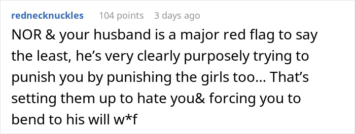 Screenshot of an online comment discussing a woman's limits with stepdaughters' gift and a viral conversation with her husband.