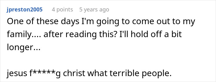 Comment from user jpreston2005 expressing shock and hesitation about coming out to family after reading about gay son's wedding drama.