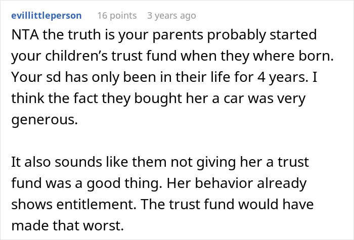 Screenshot of a Reddit comment discussing step-daughter trust fund and issues of entitlement and generosity.