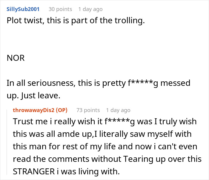 Conversation between users discussing a woman discovering her boyfriend is an internet troll and she was a victim.
