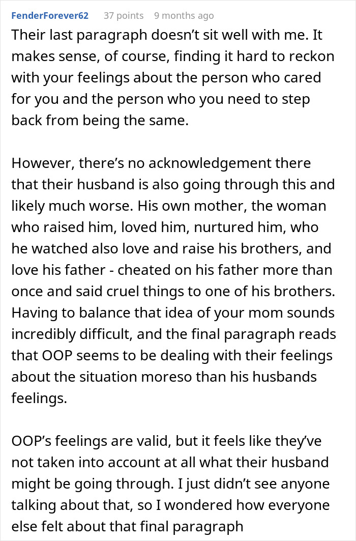Comment discussing feelings of a man torn between his husband and mother-in-law after secretly helping her.