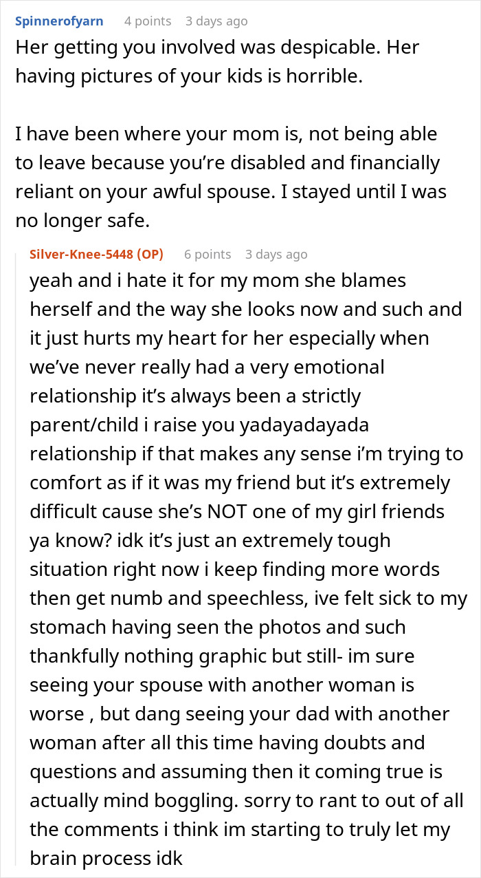 Reddit comments discussing a mom devastated after proof exposes a dad&rsquo;s mistress texting his adult daughter on NYE.