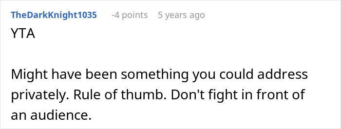 Screenshot of Reddit comment saying YTA and advising to address issue privately; Guy embarrasses wife