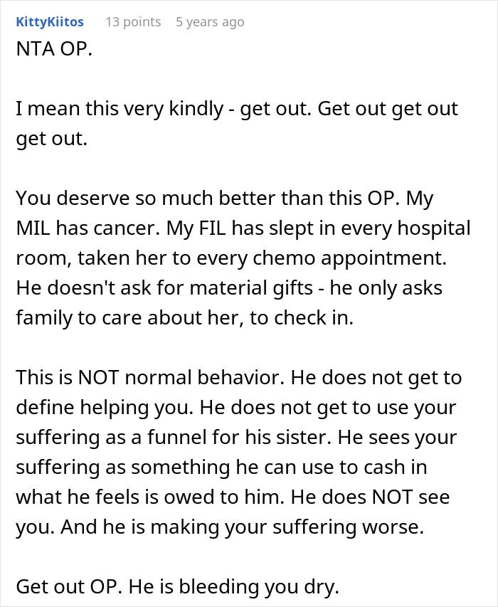 Screenshot of Reddit comment urging OP to leave, criticizing husband using cancer diagnosis excuses
