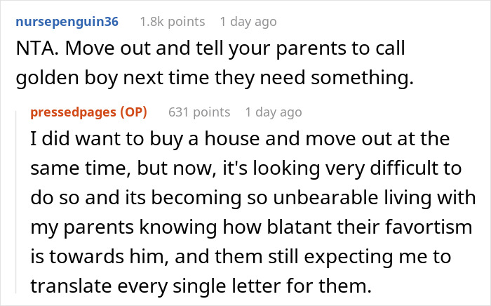 Screenshot of Reddit comments about parents house payment dispute and favoritism prompting move-out