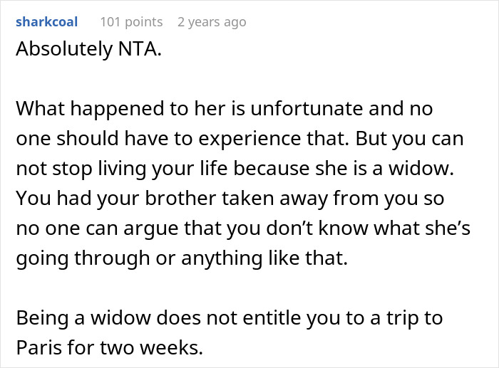 Comment on woman demanding friend kick husband out of romantic getaway, discussing widowhood and entitlement.