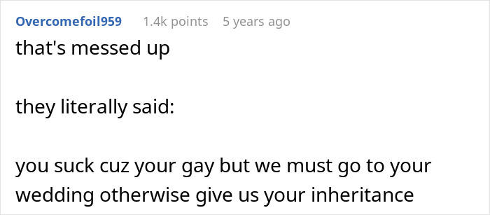 Screenshot of a social media comment discussing family shock and rejection related to a gay son&rsquo;s wedding and inheritance dispute.