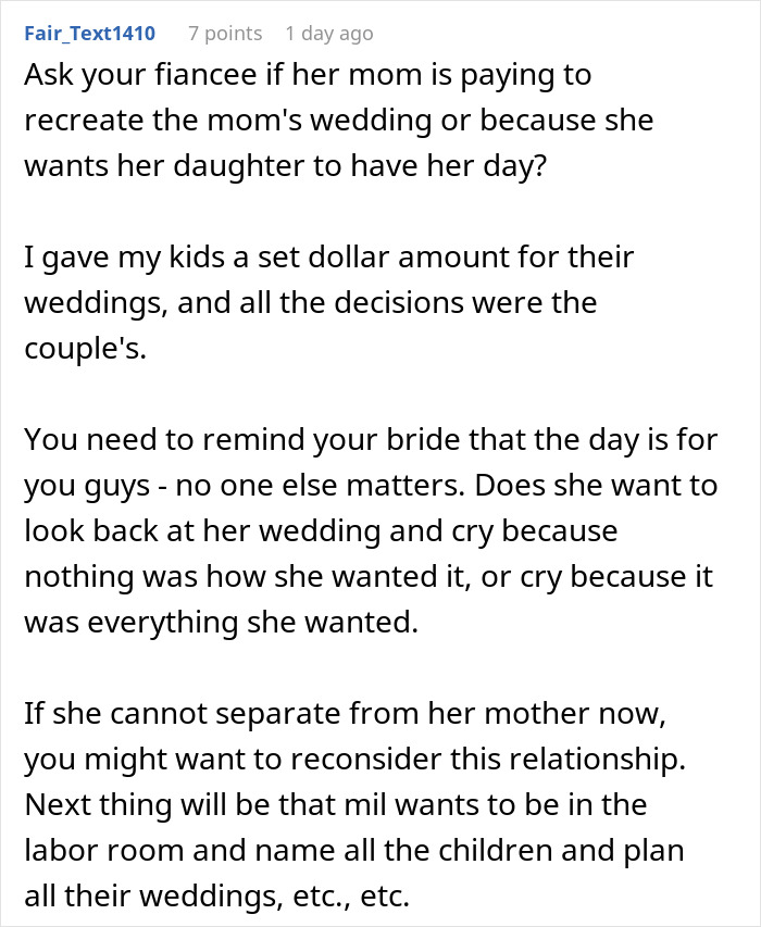 Comment discussing groom refusing marriage as mother dictates wedding attire and control over wedding decisions.