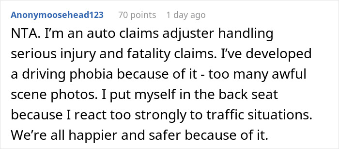 Comment from auto claims adjuster explaining anxiety around driving and choosing back seat for safety after trauma.