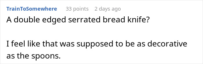 Man warning wife about dangerous gift from her mom, wife ignoring advice while holding a serrated bread knife.