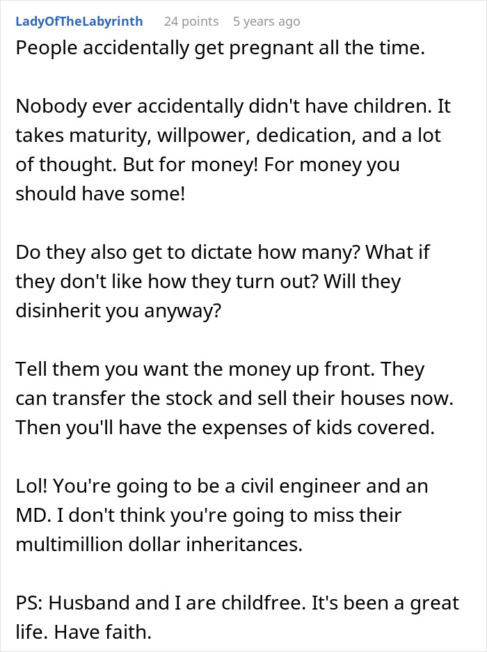 Comment discussing how man&rsquo;s parents guilt-trip couple about having kids and threaten disinheritance for not complying.