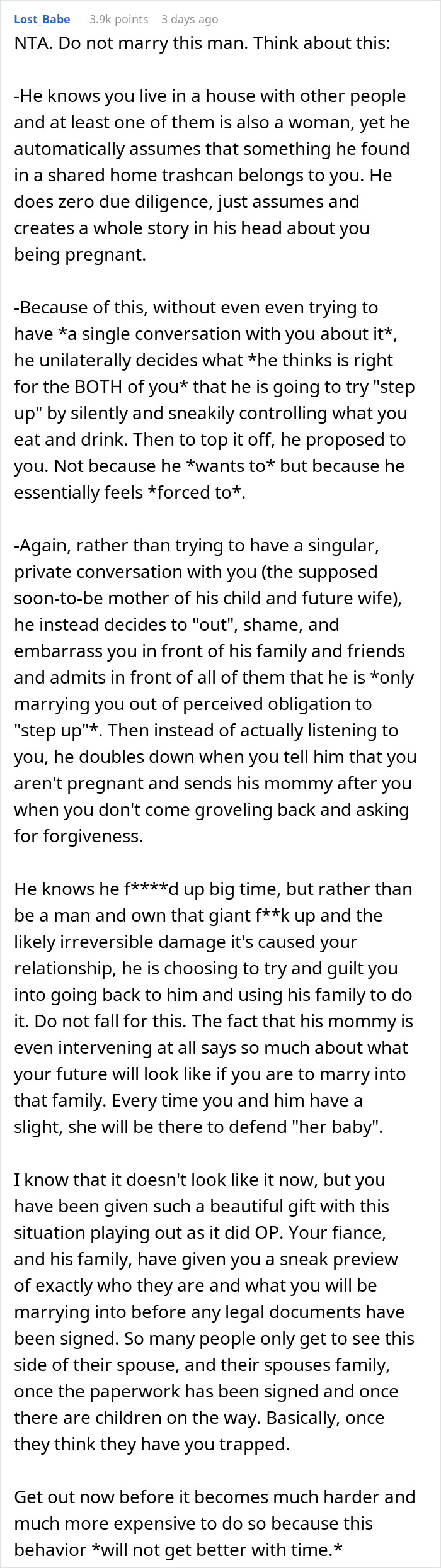 Text screenshot of a woman shocked and humiliated after man assumes fianc&eacute;e is pregnant, revealing his true colors.
