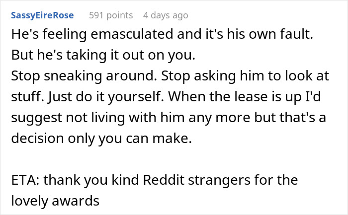 Reddit user advising a woman dealing with boyfriend feeling emasculated when she fixes things around their home.