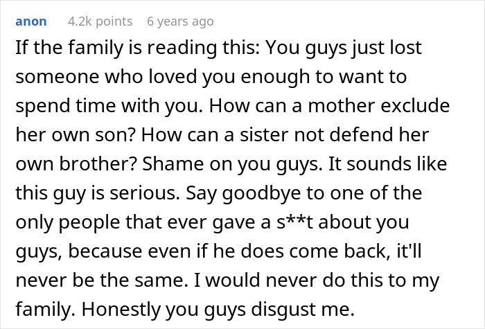 Alt text: Screenshot of a forum comment expressing anger over family excluding a guy from girl days and calling for personal growth.