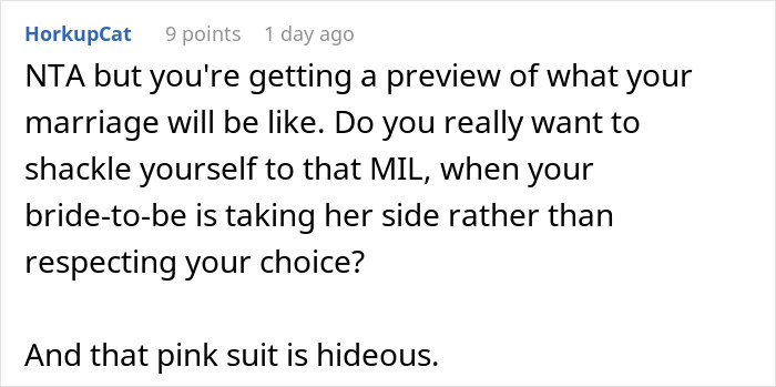 Screenshot of a social media comment discussing mother dictating wedding attire and groom refusing marriage over outfit choice.