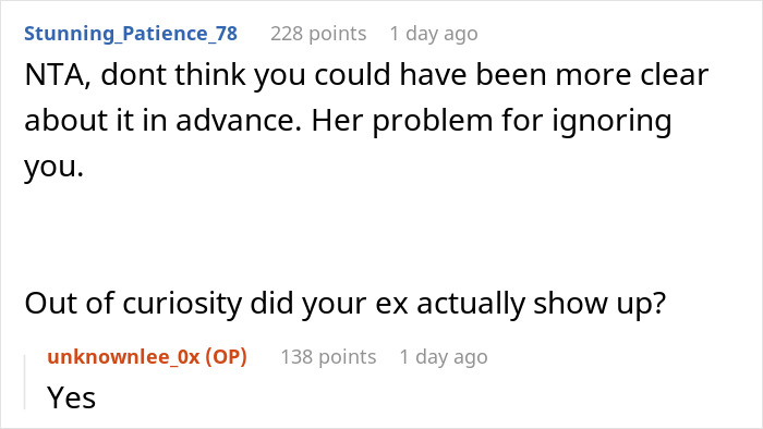 Screenshot of an online discussion about a woman skipping her birthday party because her ex was invited, sparking criticism.