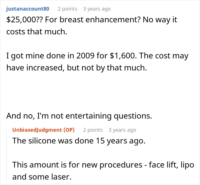 Reddit comments discussing the high cost of a wife’s cosmetic upgrade and the impact on the husband’s emotions. Reddit comments discussing the high cost of a wife’s cosmetic upgrade and the impact on the husband’s emotions.