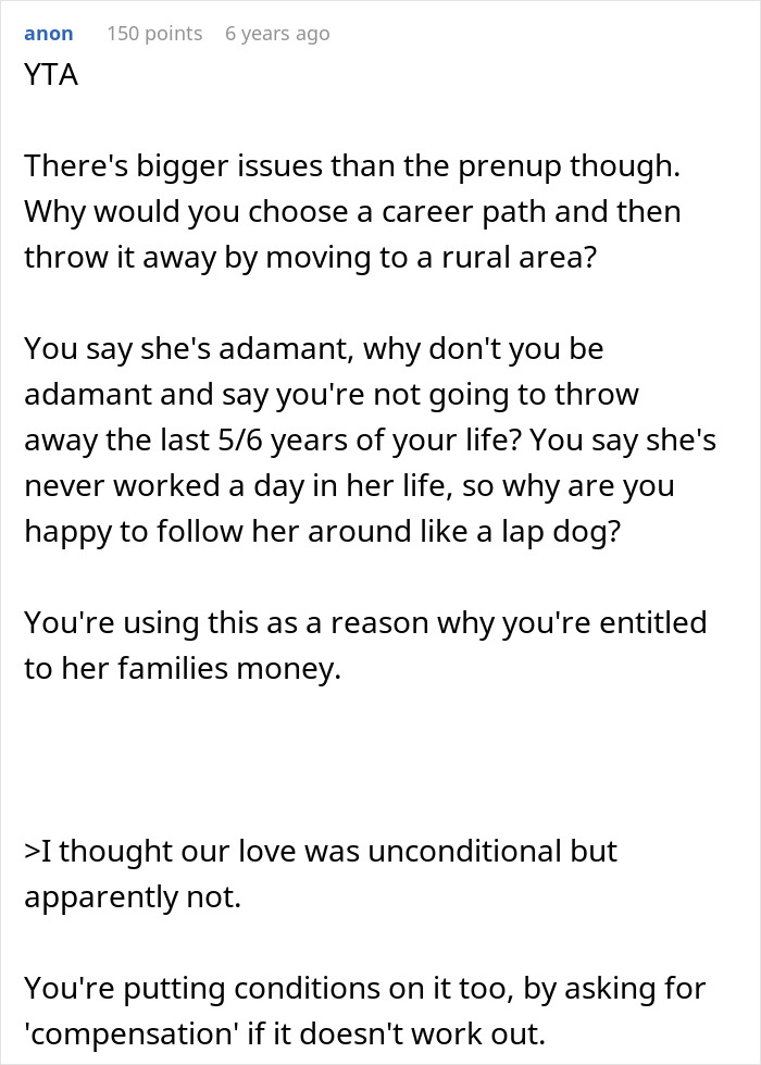 Text from online forum discussing prenup disagreements and relationship issues involving wealth and infidelity clauses. Text from online forum discussing prenup disagreements and relationship issues involving wealth and infidelity clauses.