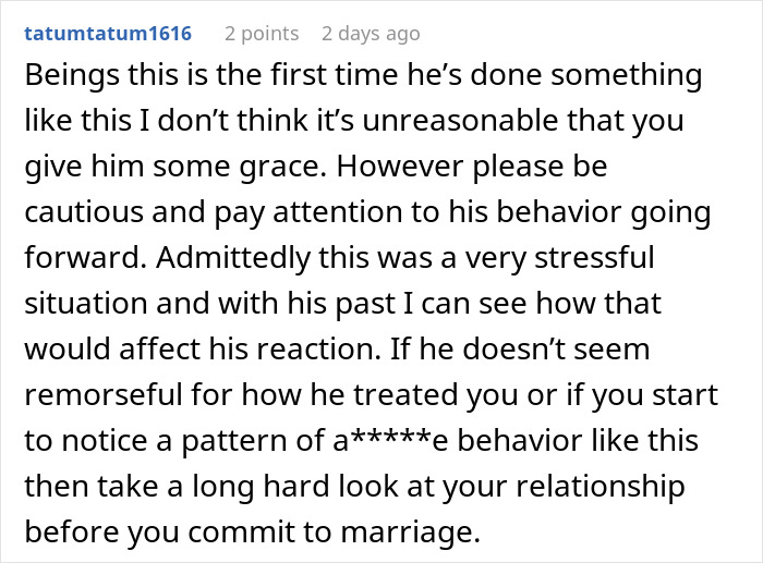 Screenshot of online comment discussing a man showing his true colors after assuming fianc&eacute;e is pregnant.