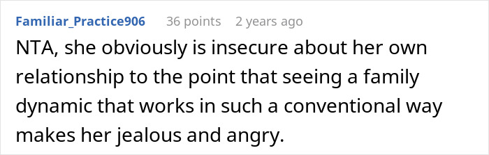 Screenshot of a Reddit comment discussing insecurity and jealousy in family dynamics and partner indiscretions.