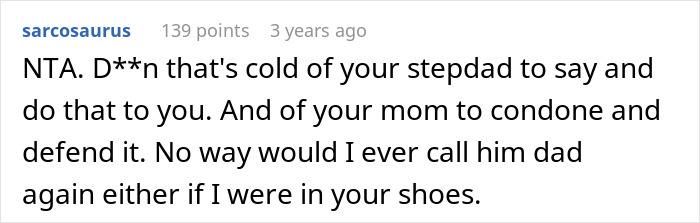 Comment criticizing stepdad ignoring teen and mom defending him as almost a dad in an online forum discussion.