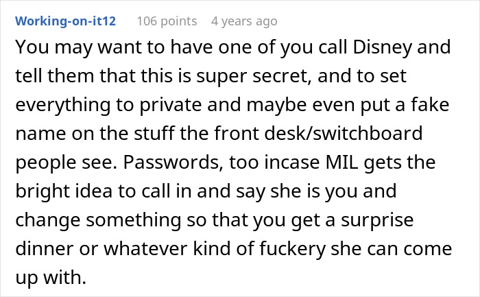 Discussion about keeping a honeymoon surprise secret from husband&rsquo;s parents to avoid ruining plans.