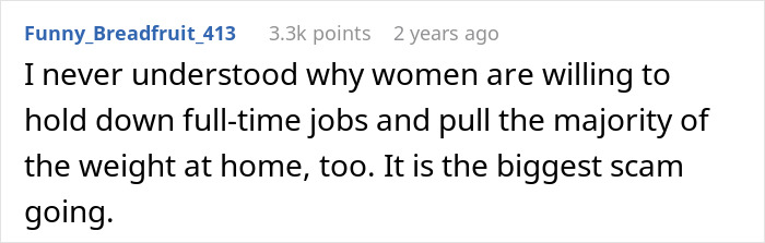 Screenshot of a humorous Reddit comment about women working full-time jobs and managing the majority of household duties.